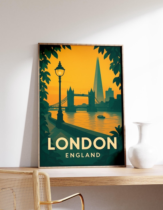 London England Tower Bridge Shard Sunset Vintage Travel Poster