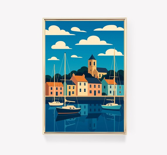 St Ives Cornwall Harbor Sailboat Illustration Seaside Wall Art