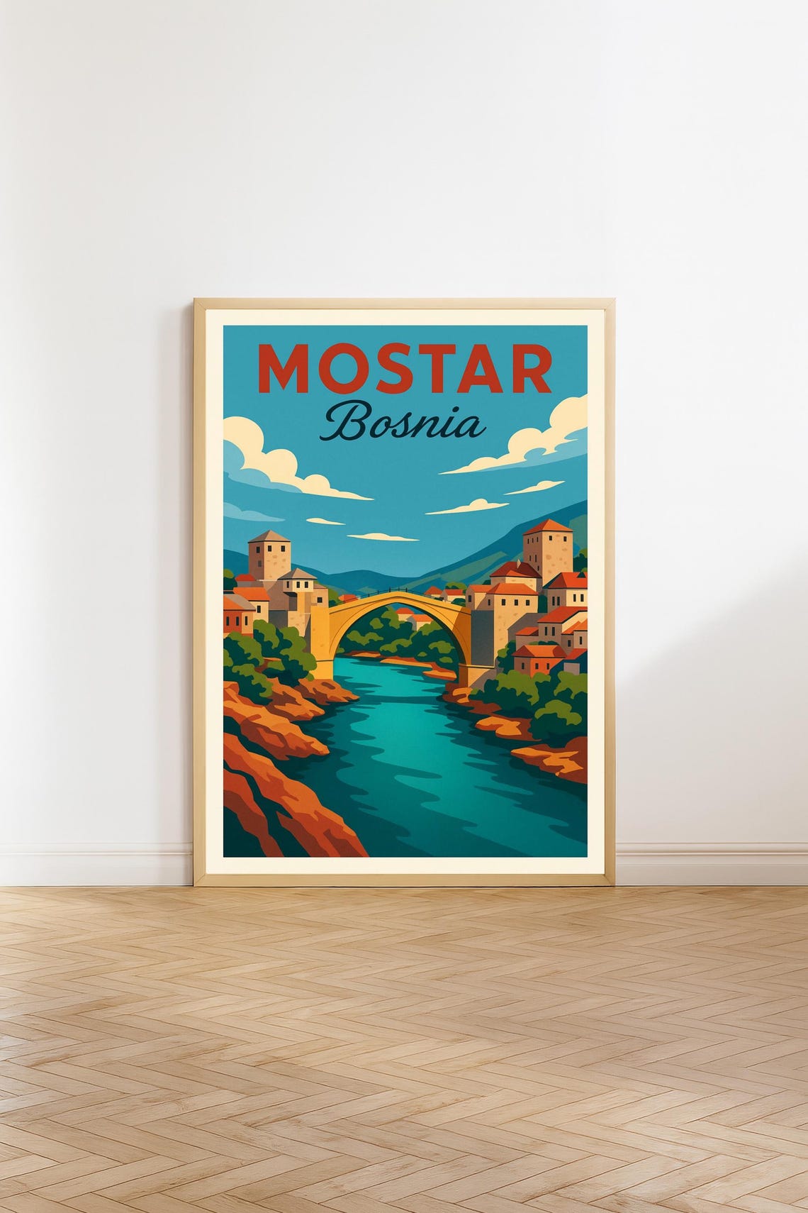 Mostar Bosnia Stari Most Bridge Neretva River Retro Travel Poster