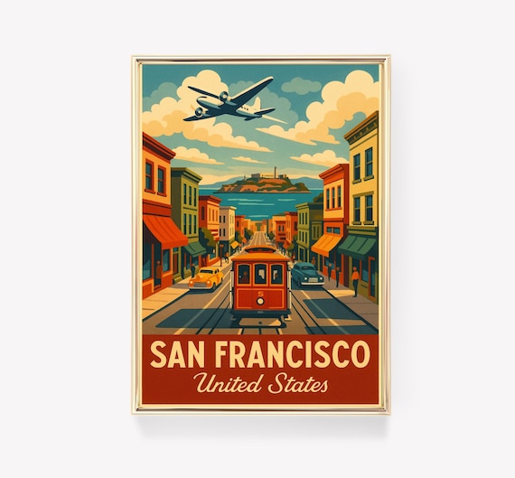 San Francisco Cable Car Street with Alcatraz Vintage Travel Poster