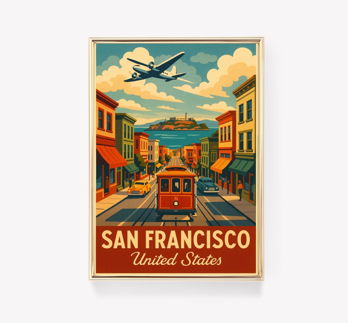 San Francisco Cable Car Street with Alcatraz Vintage Travel Poster