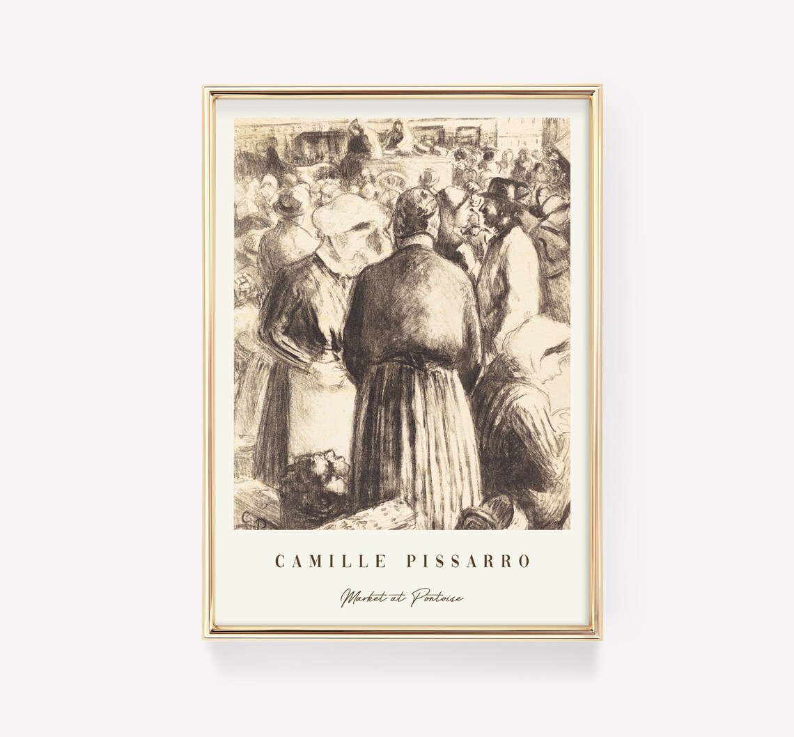 Camille Pissarro Market at Pontoise Vintage Crowd Charcoal Sketch Poster