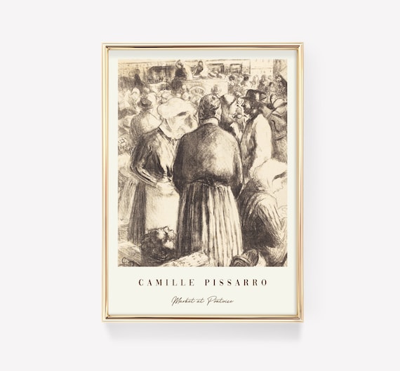 Camille Pissarro Market at Pontoise Vintage Crowd Charcoal Sketch Poster