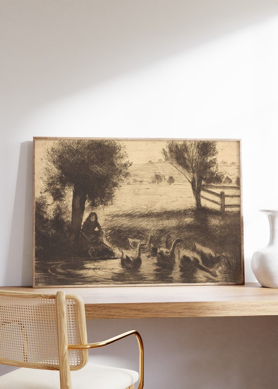 Camille Pissarro Goose Girl 1888 Vintage Poster Landscape Sketch Art Minimalist Wall Figure Abstract Line Print Decor