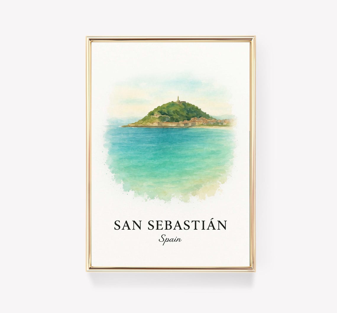 San Sebastian Spain Watercolor Poster La Concha Bay Coastal Art