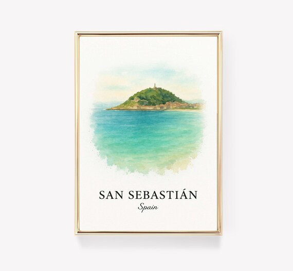 San Sebastian Spain Watercolor Poster La Concha Bay Coastal Art
