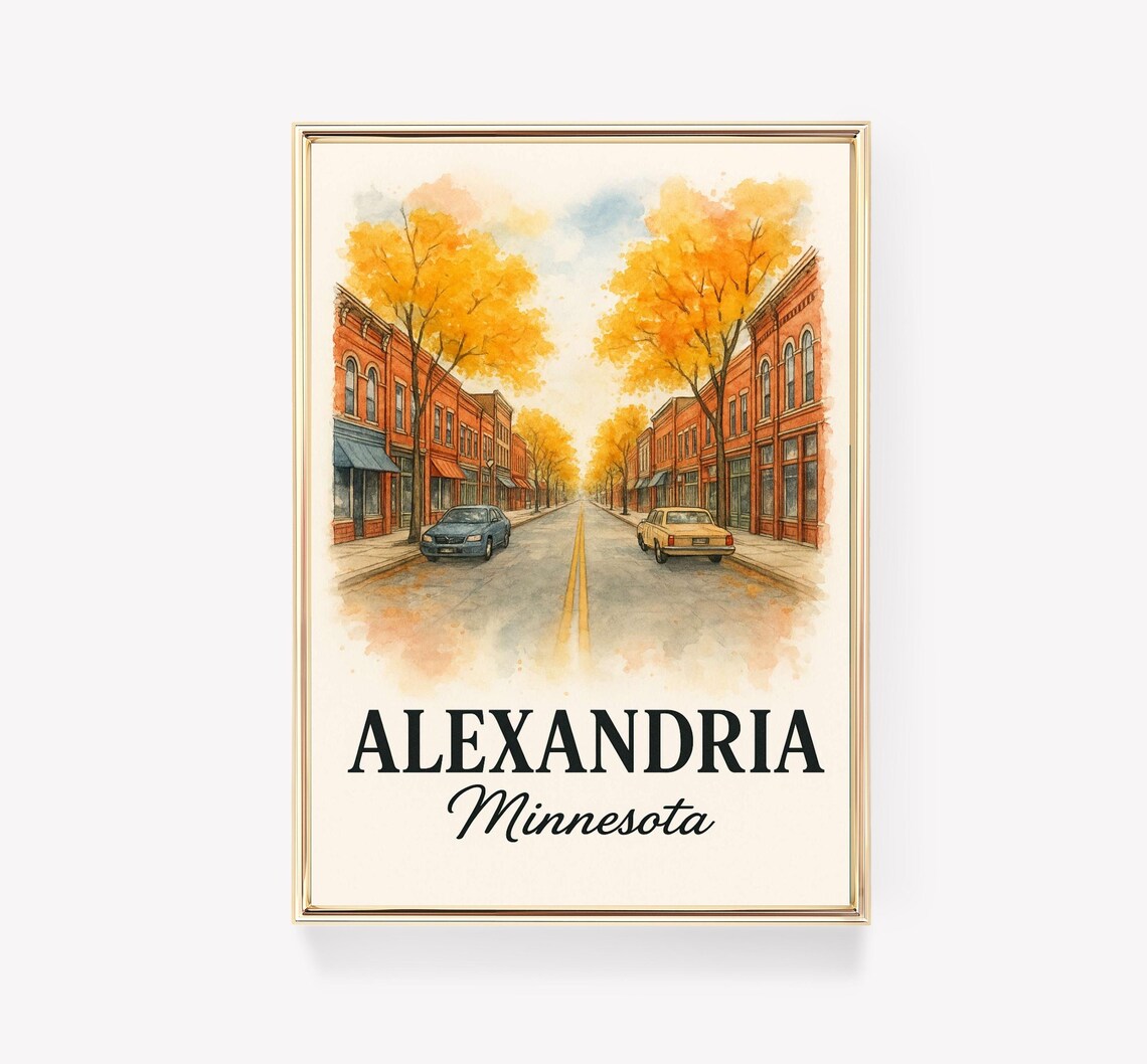 Alexandria Minnesota Autumn Main Street Watercolor Travel Art Poster