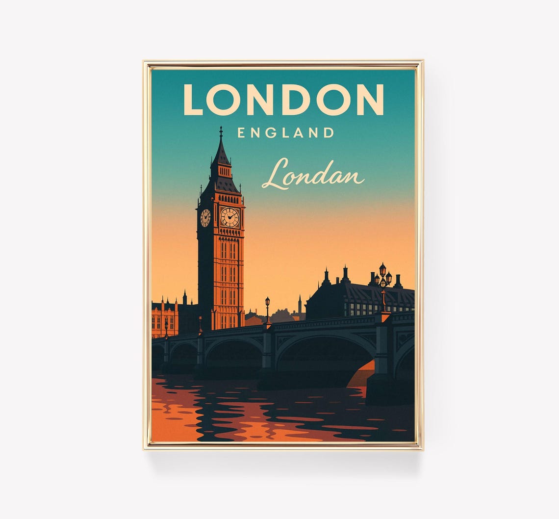 London England Big Ben Sunset Vintage Travel Poster Thames Scene