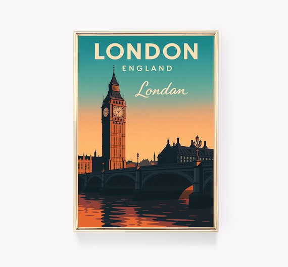 London England Big Ben Sunset Vintage Travel Poster Thames Scene