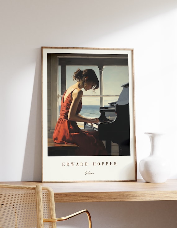 Edward Hopper Style Woman in Red Dress Playing Piano Ocean View Poster