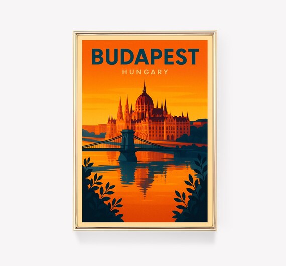 Budapest Hungary Parliament Orange Sunset Retro Travel Poster