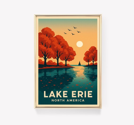 Lake Erie Travel Poster North America Wall Art Print Vintage Map Canvas Nautical Decor House Gift