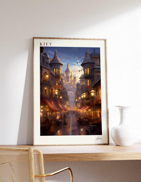 Kiev Historic Old Town Evening Street Golden Domes Travel Poster