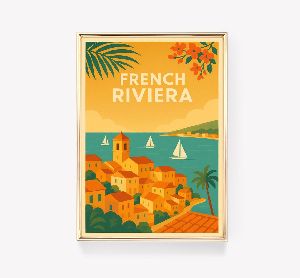 French Riviera Coastal Village Sailboats Retro Travel Poster