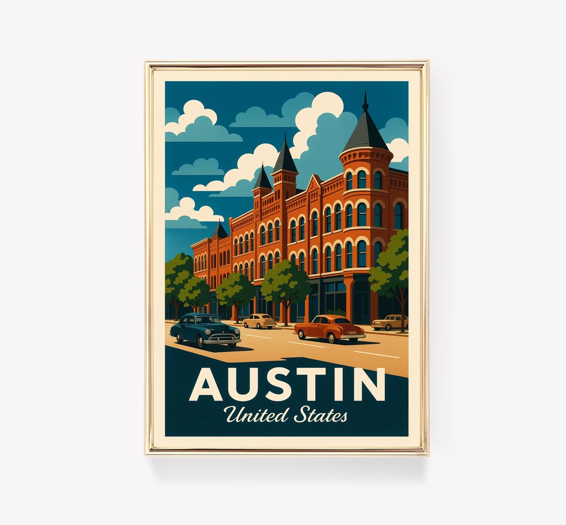 Austin Vintage Travel Poster, Texas Wall Art
