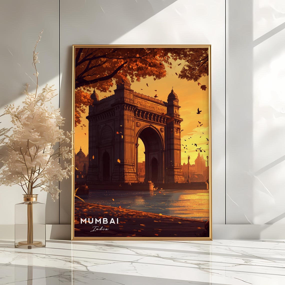 Mumbai India Poster Gateway of India Golden Sunset Monument Art