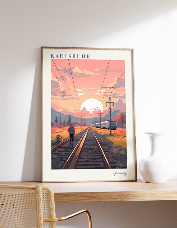 Karlsruhe Germany Sunset Railway Tracks Travel Poster Illustration