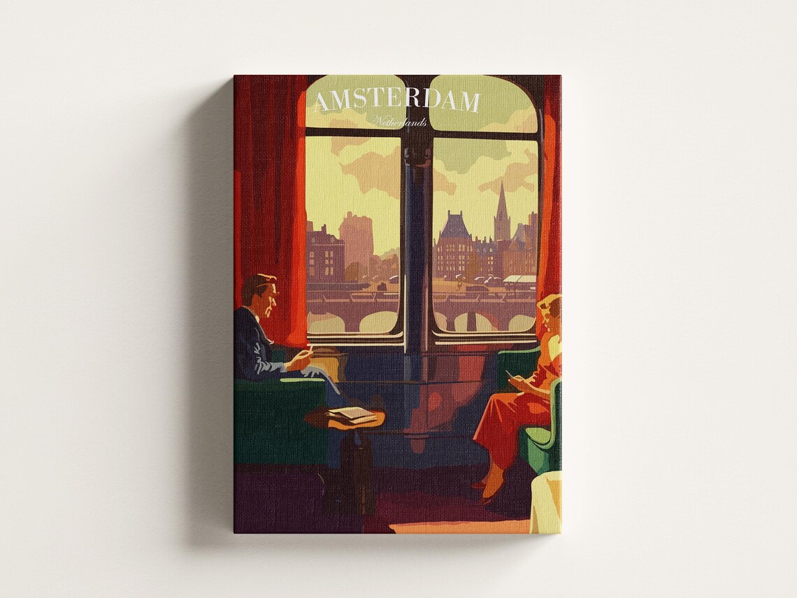 Amsterdam Netherlands Vintage Train Window City View Retro Travel Poster