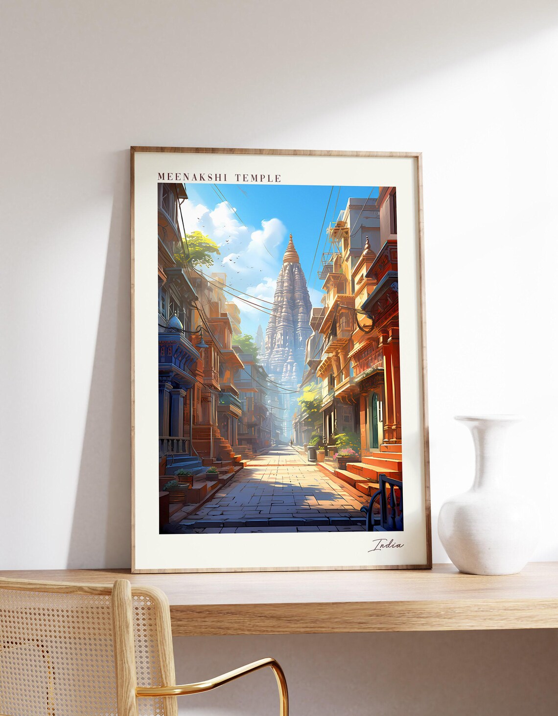 Meenakshi Temple India Street Gopuram Golden Light Ancient Travel Poster