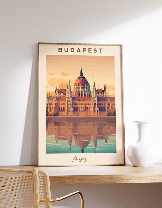 Budapest Hungary Parliament Building Danube Reflection Vintage Travel Poster