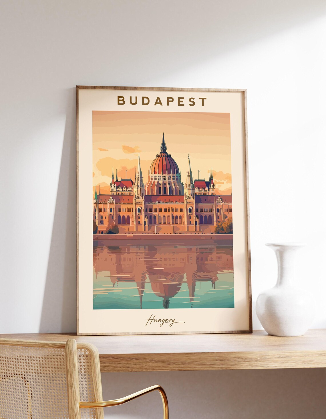 Budapest Hungary Parliament Building Danube Reflection Vintage Travel Poster