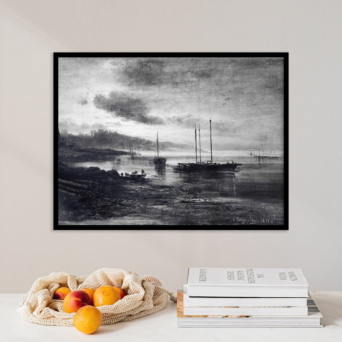 Moonlit Harbor Night Sailboats Monochrome Vintage Seascape Poster