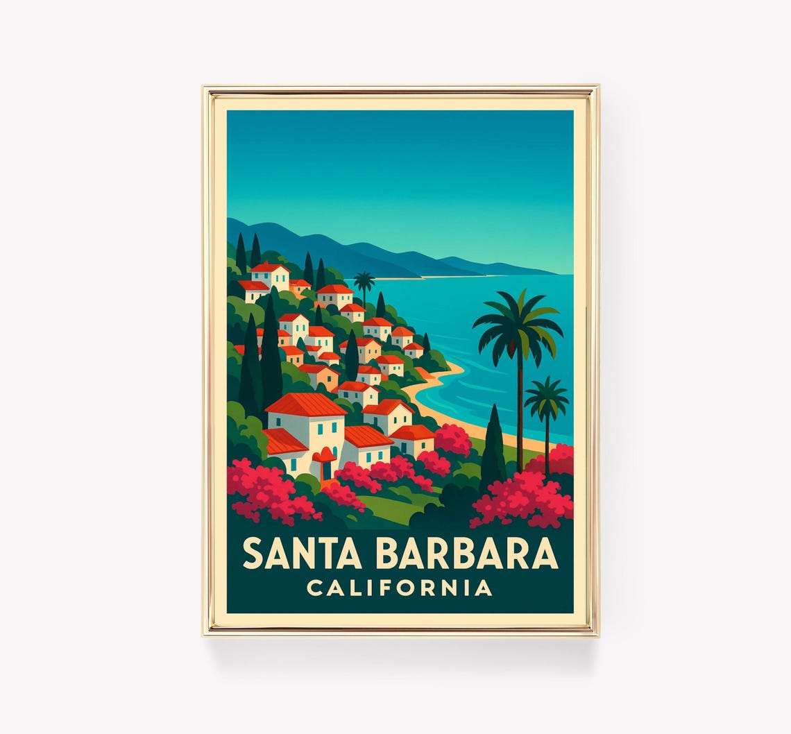 Santa Barbara California Coastal Hillside Town Travel Poster