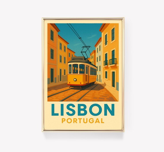 Lisbon Portugal Classic Yellow Tram Vintage Street Travel Poster
