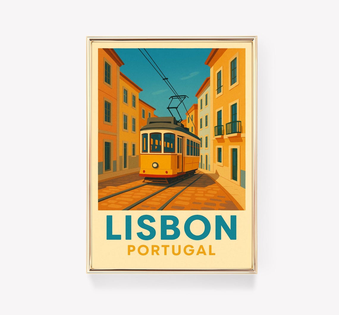 Lisbon Portugal Classic Yellow Tram Vintage Street Travel Poster
