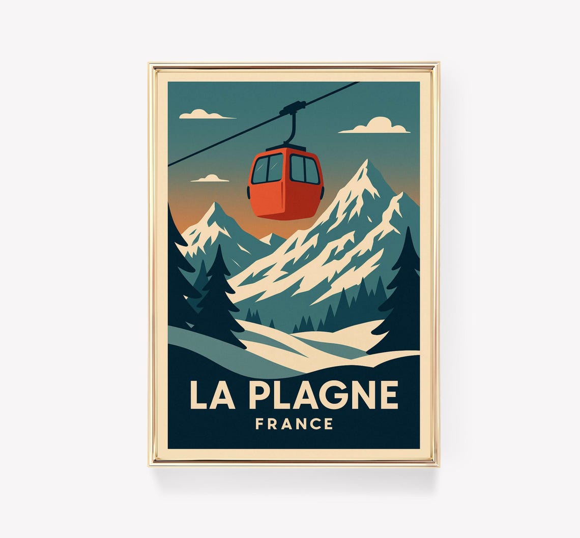 La Plagne France Ski Resort Red Gondola Snowy Peaks Retro Poster