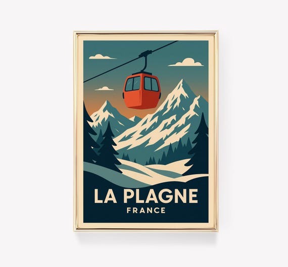 La Plagne Vintage Travel Poster French Ski Print Mountain Wall Art Retro Winter Decor France Gift