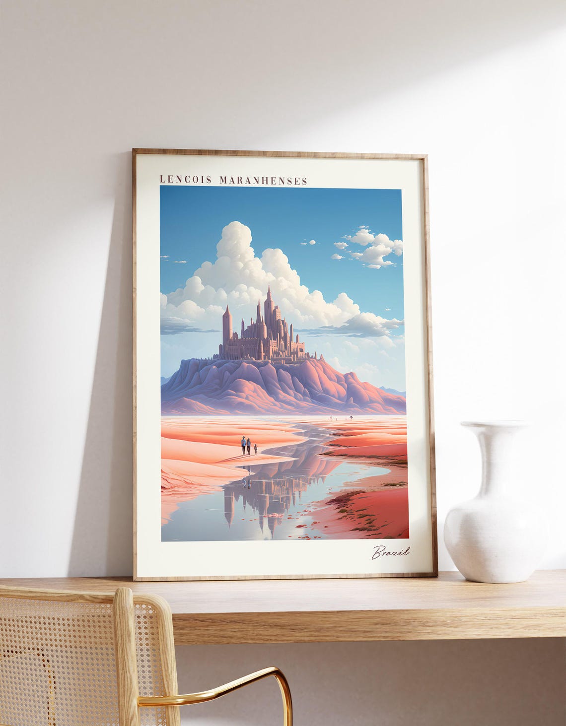 Lencois Maranhenses Brazil Pink Dunes Lagoon Reflection Travel Poster