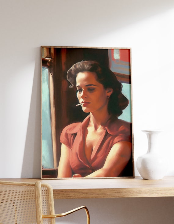Vintage Woman Oil Painting Edward Hopper Style Print Abstract Art Modern Bedroom Decor