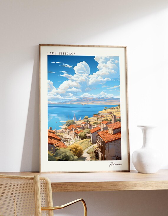 Lake Titicaca Bolivia Blue Lake Village Sailboat Travel Poster