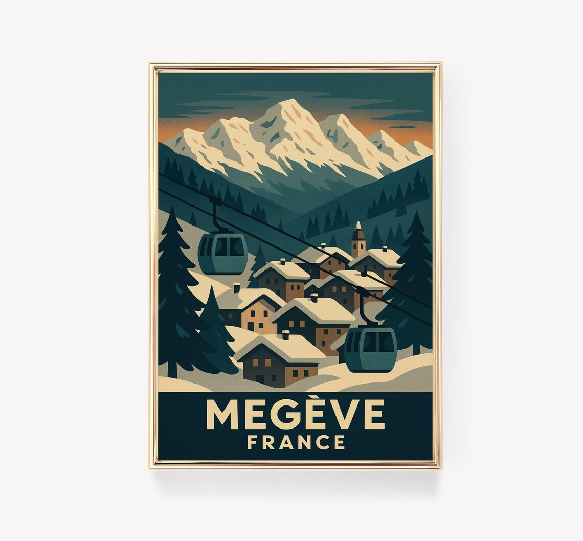 Megeve France Ski Resort Gondola Vintage Alpine Travel Poster