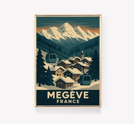 Megeve France Ski Resort Gondola Vintage Alpine Travel Poster