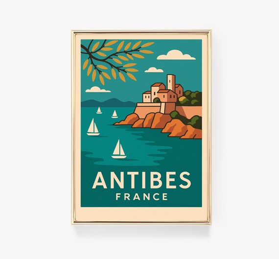 Antibes France Riviera Coast Fort Sailboats Retro Travel Poster