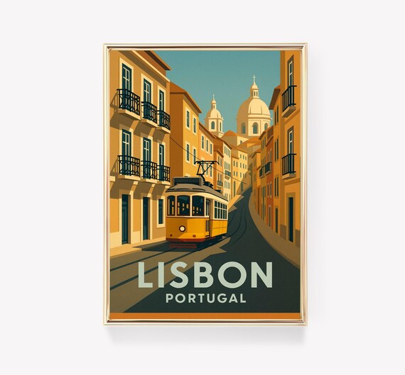 Lisbon Portugal Yellow Tram Old Town Street Vintage Travel Poster