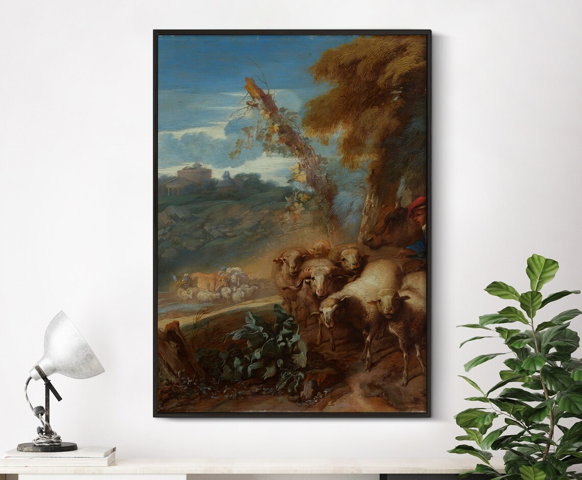 Roman Landscape with a Shepherd and Sheep Castiglione Vintage Art Poster