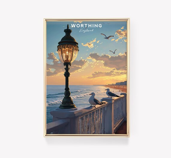Worthing England Seaside Promenade Lamp Post Seagulls Sunset Travel Poster