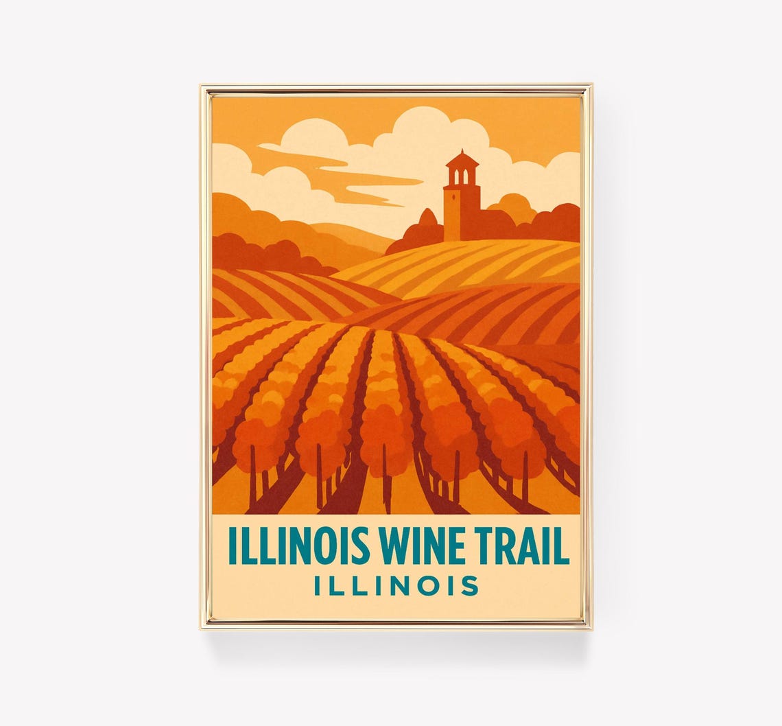 Illinois Wine Trail Vintage Travel Poster Orange Vineyard Hills