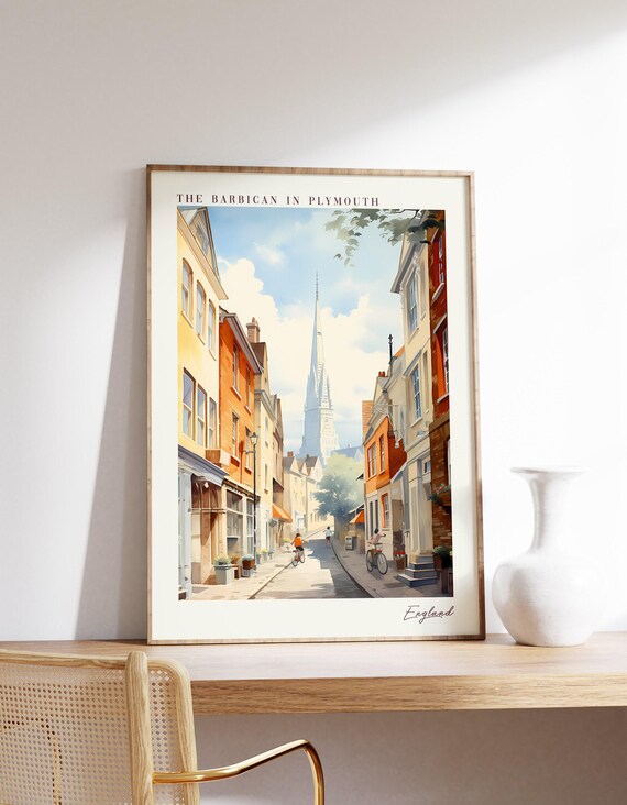 The Barbican Plymouth England Cobbled Street Cyclists Watercolor Poster