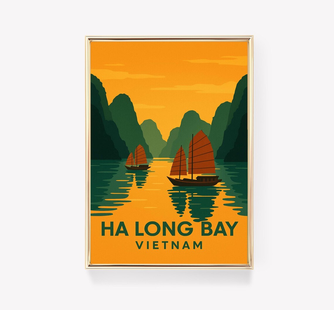Ha Long Bay Vietnam Sunset Junk Boats Karst Retro Travel Poster