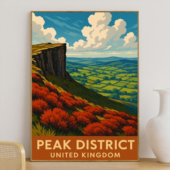 Peak District United Kingdom Vintage Cliff Meadow Travel Poster