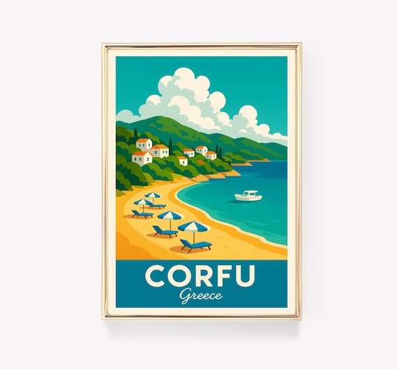 Corfu Greece Vintage Travel Poster Beach Umbrellas Boat Bay Art
