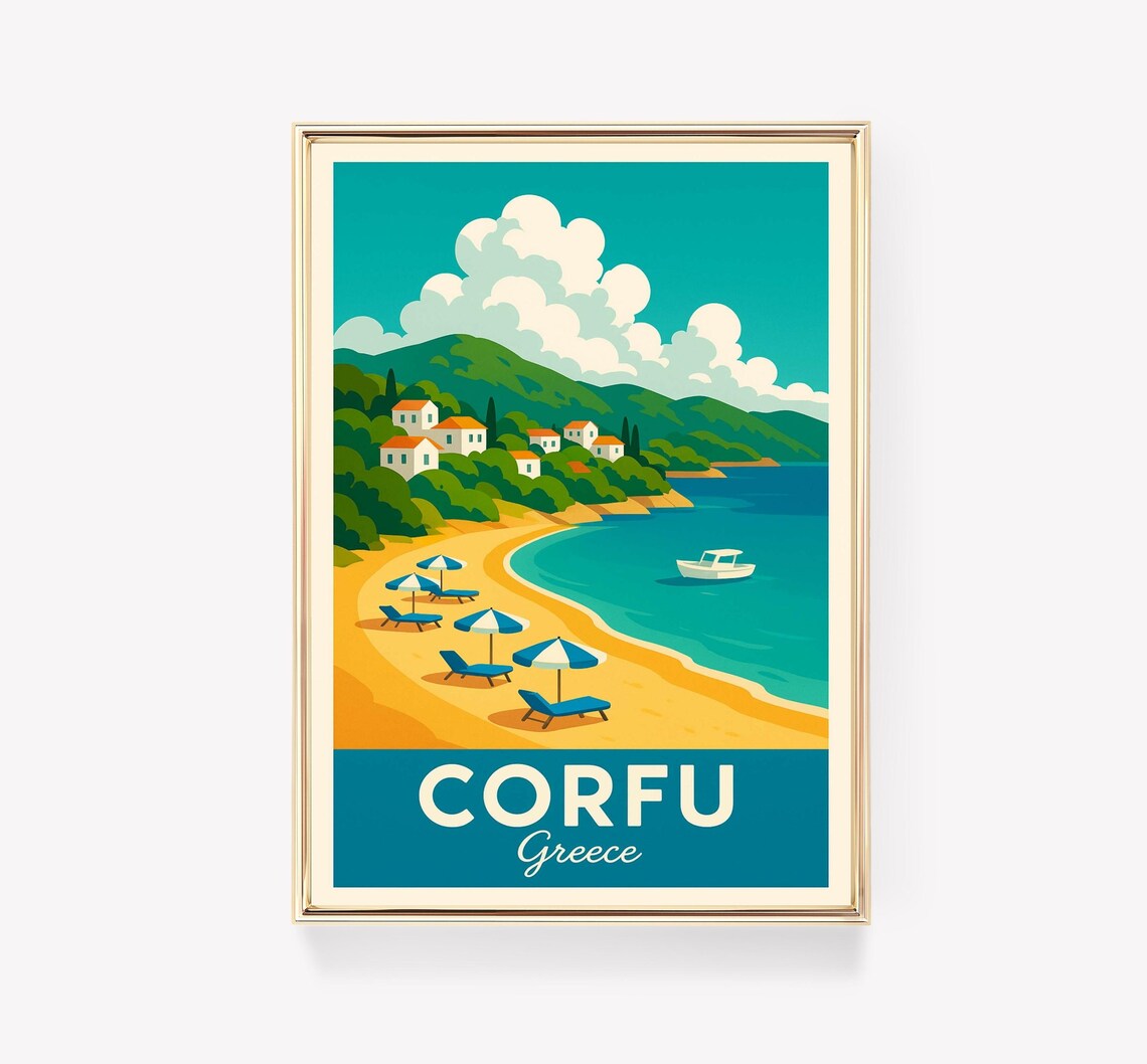 Corfu Greece Vintage Travel Poster Beach Umbrellas Boat Bay Art