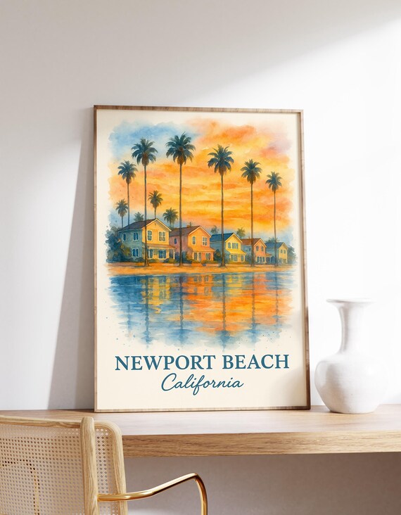 Newport Beach California Sunset Watercolor Poster Palm Trees Wall Decor