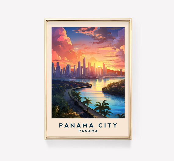 Panama City Panama Golden Skyline Sunset Waterfront Travel Poster