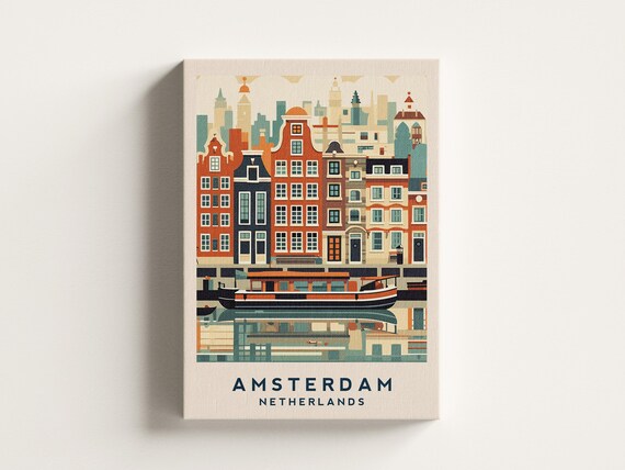 Amsterdam Netherlands Canal Houses Boat Reflection Retro Travel Poster