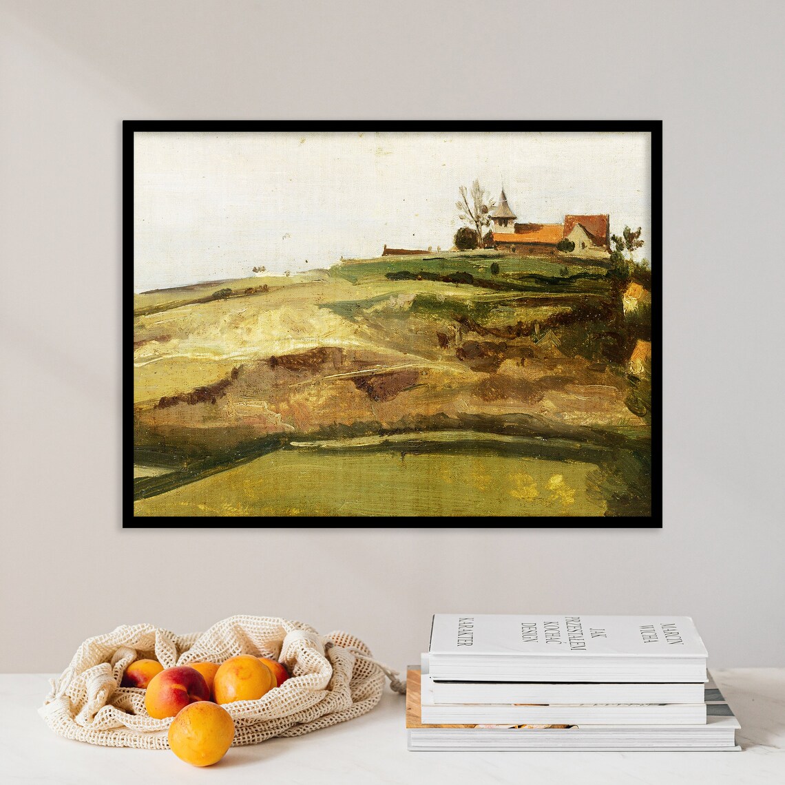 Rolling Hills Village Church Pastoral Landscape Vintage Art Poster